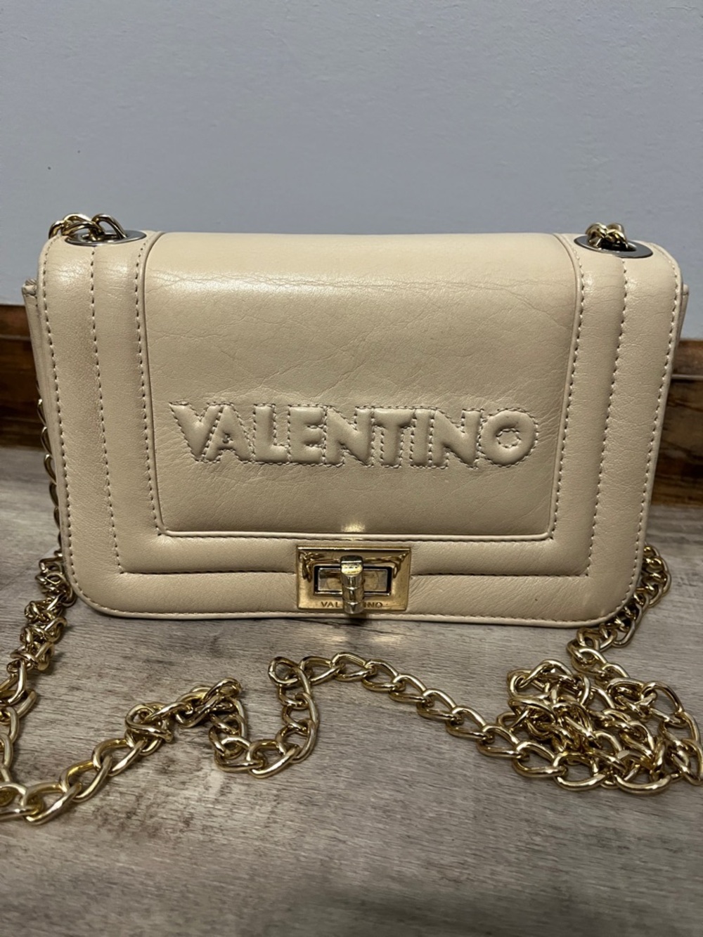 Valentino Cream Leather Chain Crossbody Bag with Gold Hardware